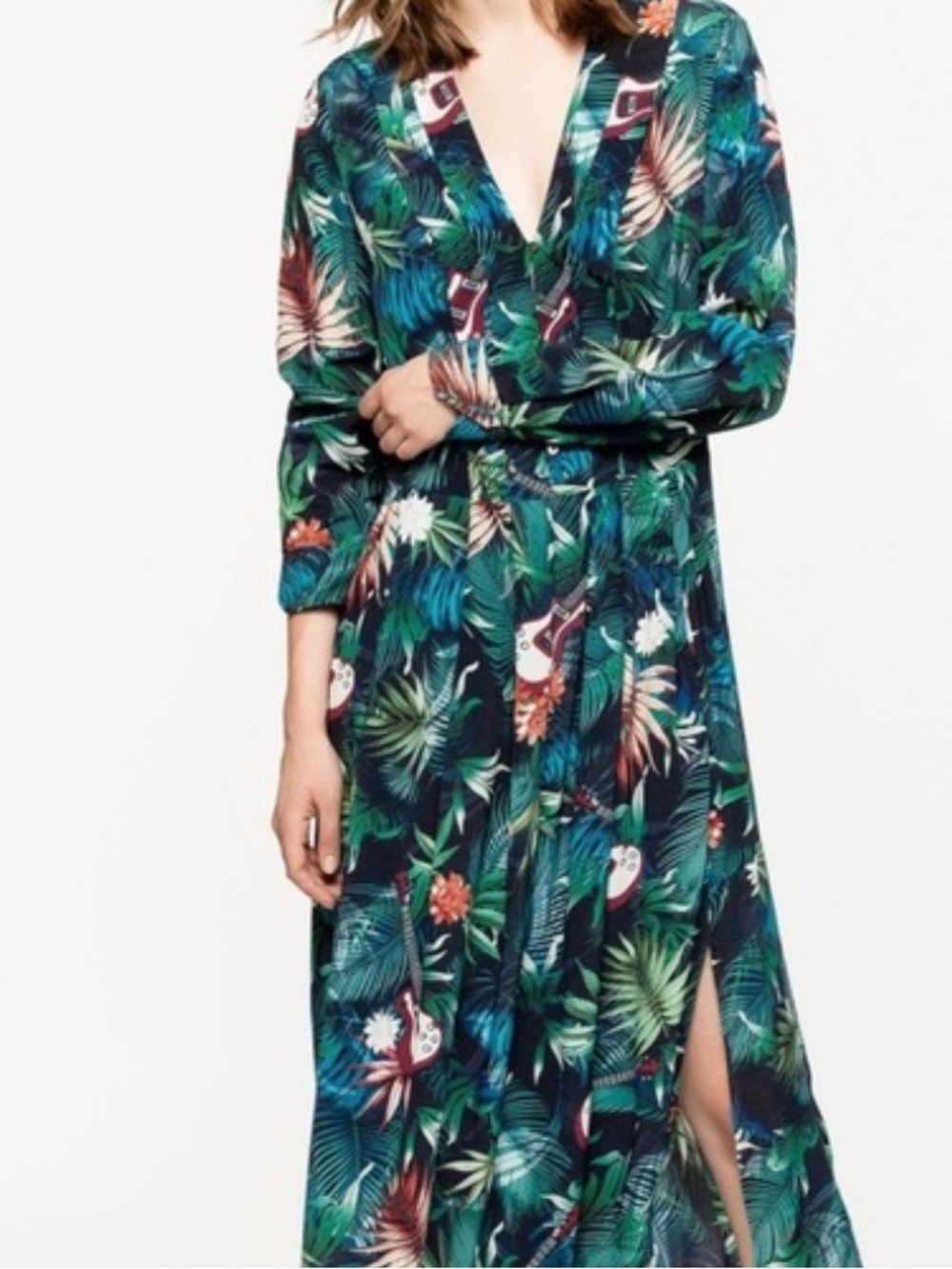 Zadig & Voltaire Tropical Leaf & Guitar Print MIDI Dress in Green and Brown - Picture 2 of 4